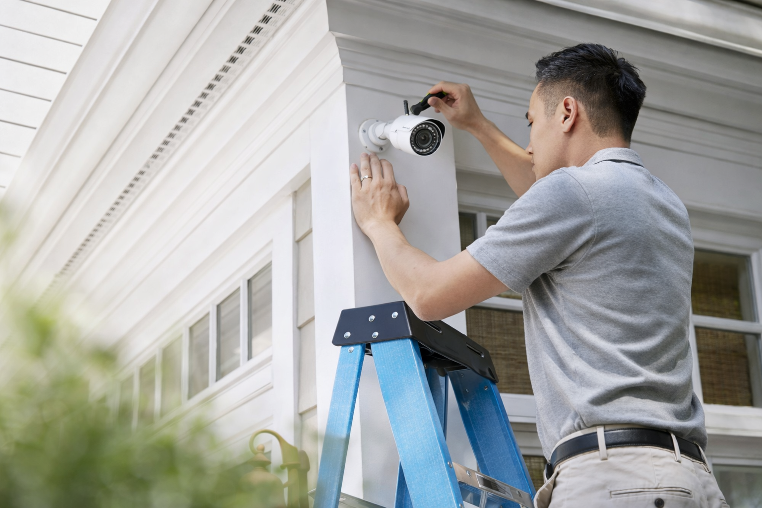 Technician installing a security camera