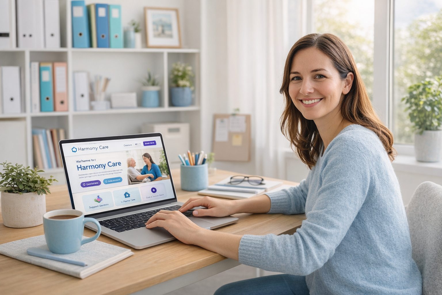 Clean laptop displaying a simple business website on a light neutral background.